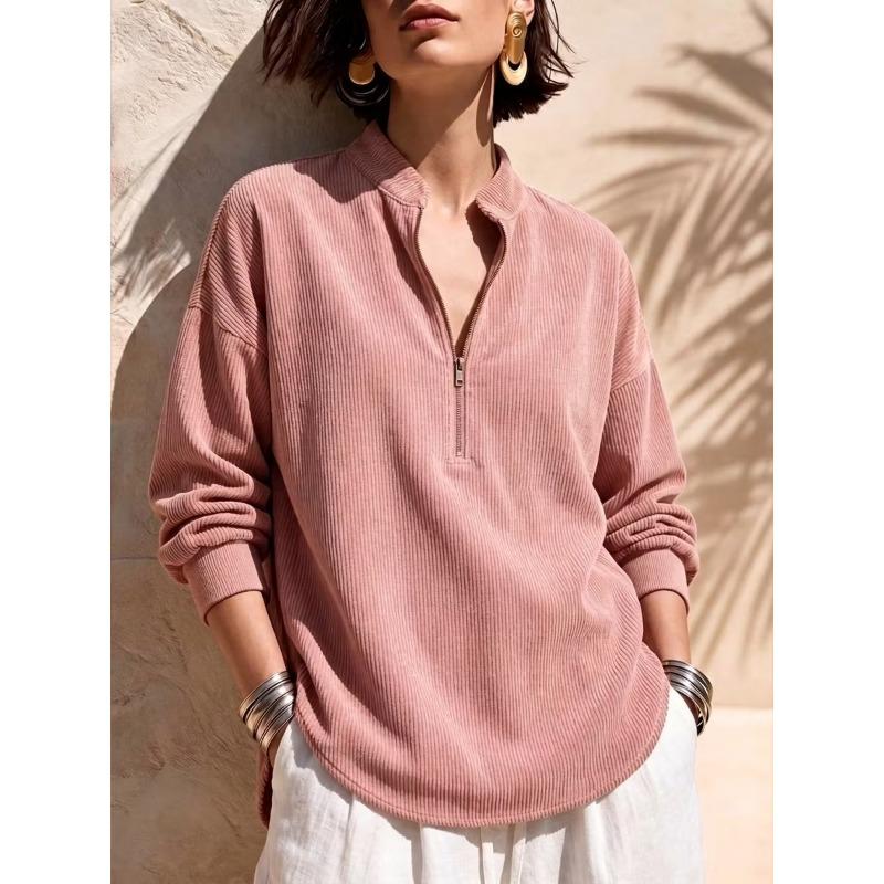 Women S Solid Stand Collar Long Sleeve Loose Corduroy Top