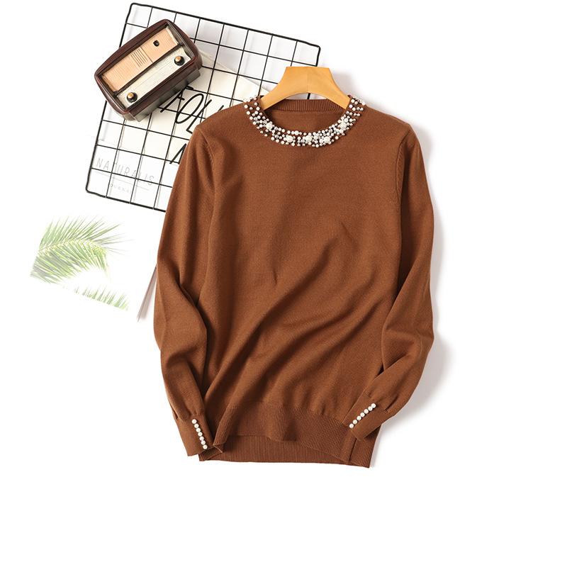 Autumn Winter Bead Pullover Sweater Women's O Neck Long Sleeve Solid Color Loose Knitwear Tops