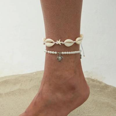 PuRui Retro 2 Stück/Set Imitation Zirkon Fußkettchen Damen Barfuß Sommer Ozean Strand Mini Kleine Schildkröte Anhänger Zirkon Accessoires