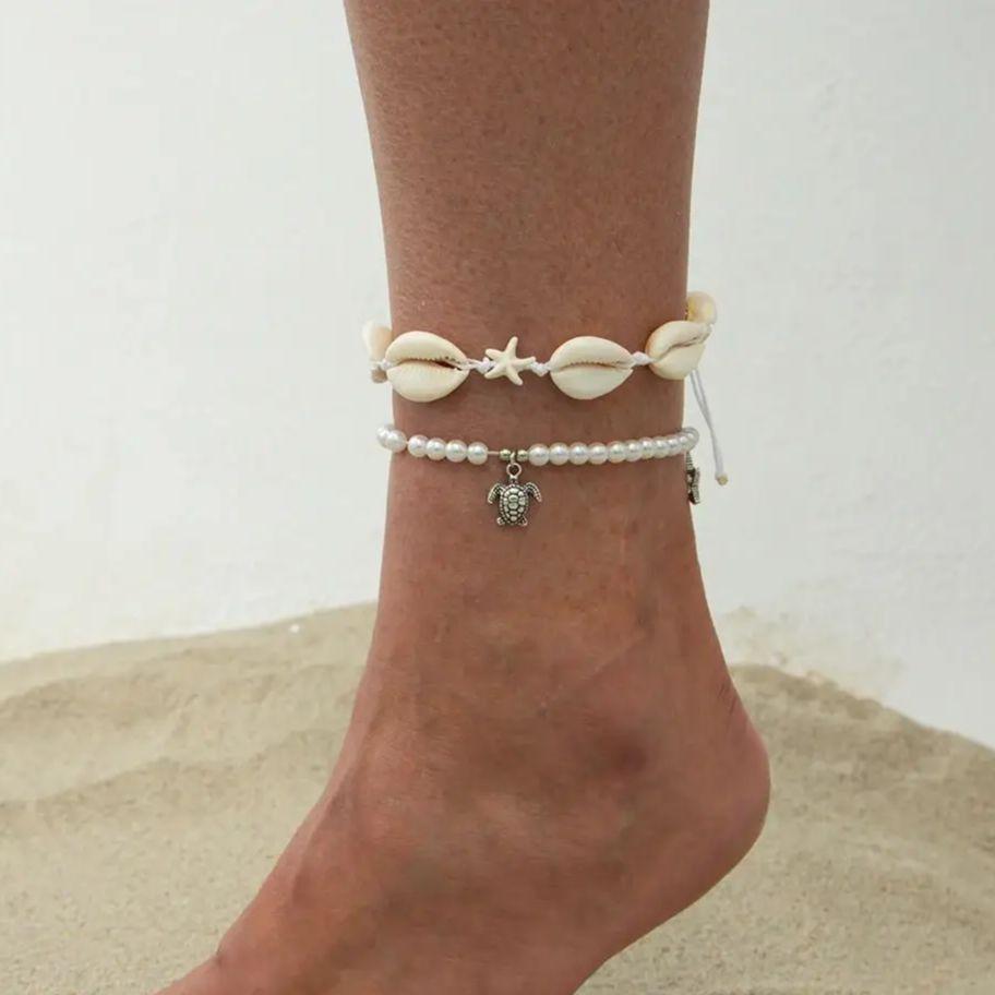 PuRui Retro 2Pcs/Set Imitation Zircon Anklets Women Barefoot Summer Ocean Beach Mini Small Turtle Pendant Zircon Accessories