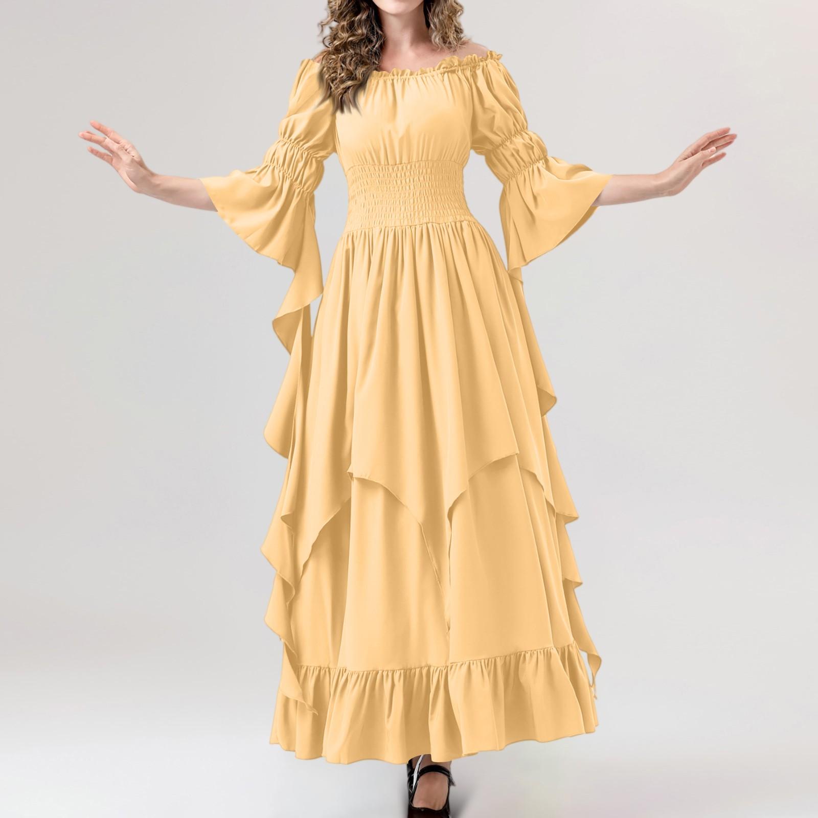 

Женское винтажное однотонное платье с кружевным воротником и рукавами 3/4 для косплея S жёлтый