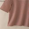 ZANZEA Women Casual Round Neck Grid Print Summer Short Sleeve Blouse