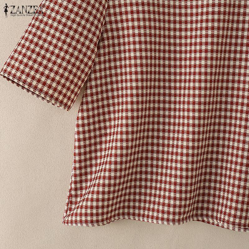 ZANZEA Women Casual Round Neck Grid Print Summer Short Sleeve Blouse