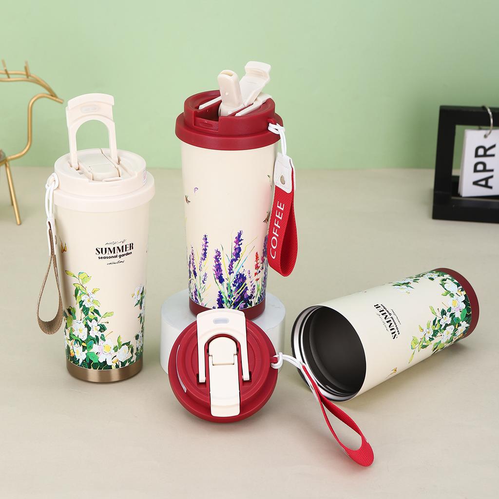 Creative Stainless Coffee Cup To Carry Rope Vacuum Vacuum Mug Stylish Double Drink Straw Gift Cup Durable Durable