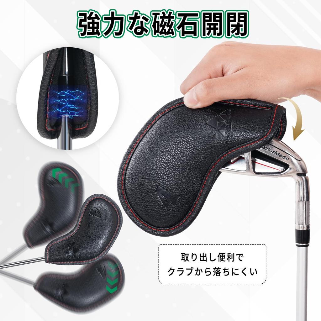 Golf Iron Magnetic Wedge Club Headcovers 9pcs Index Black Synthetic Leather Covers, Covers, Set, (4-9, P, A, S), Numbered,