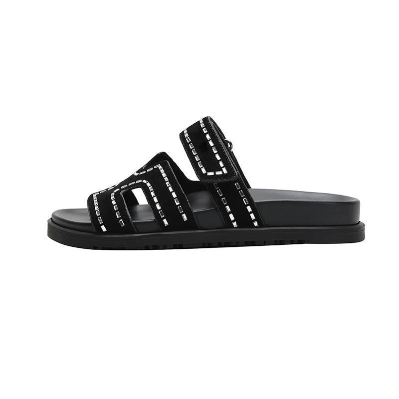 European and American Color Matching Rhinestone Second Uncle H Slippers Women Wear Velcro Flat-bottomed Beach Lazy Thick-bottomed Sandals
