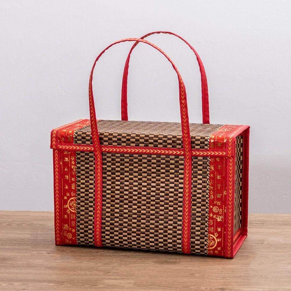 Rectangular Hand-Woven Basket Bamboo Handheld Woven Basket Retro Bamboo Picnic Basket  Photo Prop