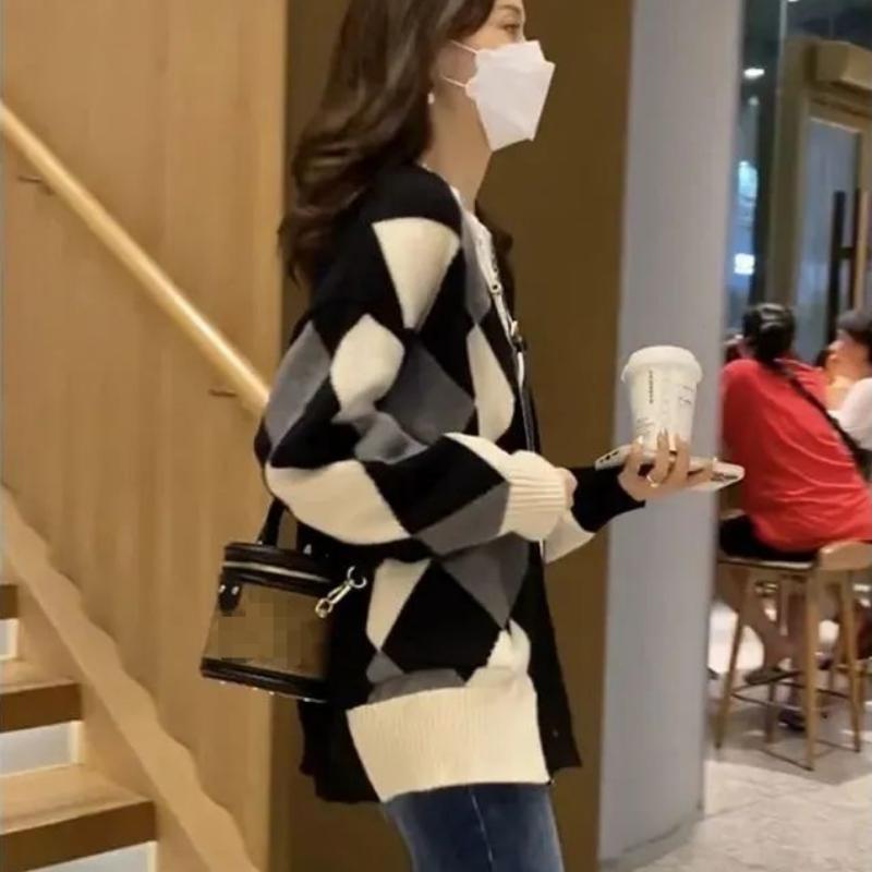 Cárdigan suéter para mujer, cárdigan de punto con diamantes Retro universitario para primavera y otoño, cárdigan perezoso para mujer 2022