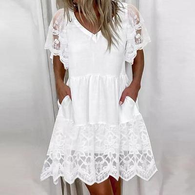 Damen V-Ausschnitt Spitze Kurzarm Kleid Frühling Sommer 2024 Mode Trendig Floral Lässig Elegant