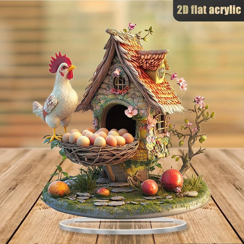 8in 2D Attractive Acrylic Colour Printing Chicken & Chicken Coop Desktop Decorations Home Office Studio Decoration Friends Gifts