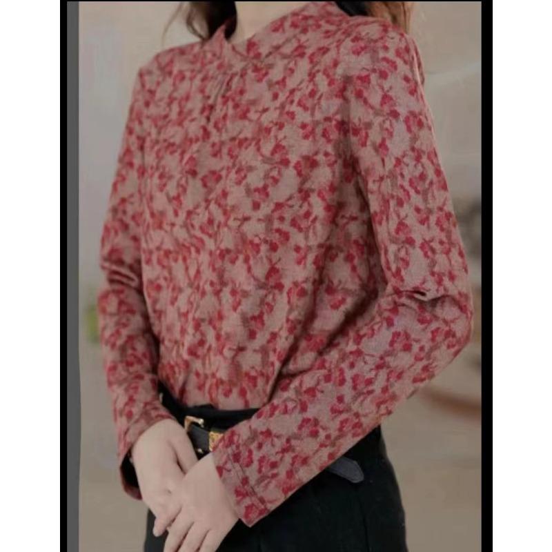 Autumn and Winter Warm Bottoming Shirts for Women Stand-up Collar Tops Fashionable Printed Contrasting Color Casual Tops