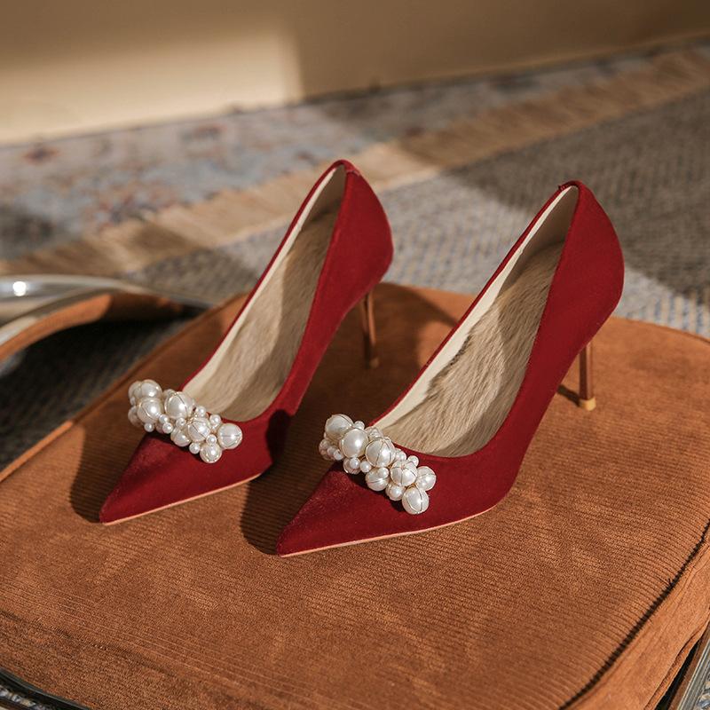 8820 Pointed High Heels Women's Thin Heels 2025 New Pearl Shallow Mouth Single Shoes Show Clothes Red Bridal Wedding Shoes