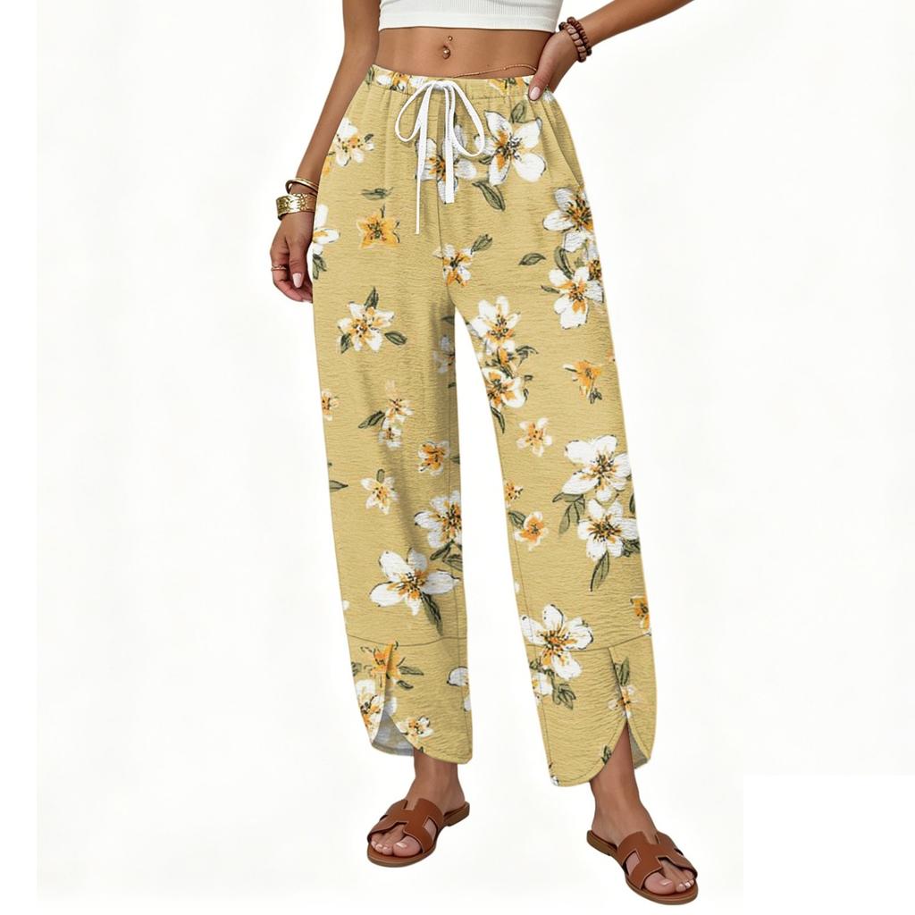 Women's Casual Loose Straight Leg Drawstring Printed Long Pants with Relaxed Fit Lightweight Breathable Fabric for Everyday Wear