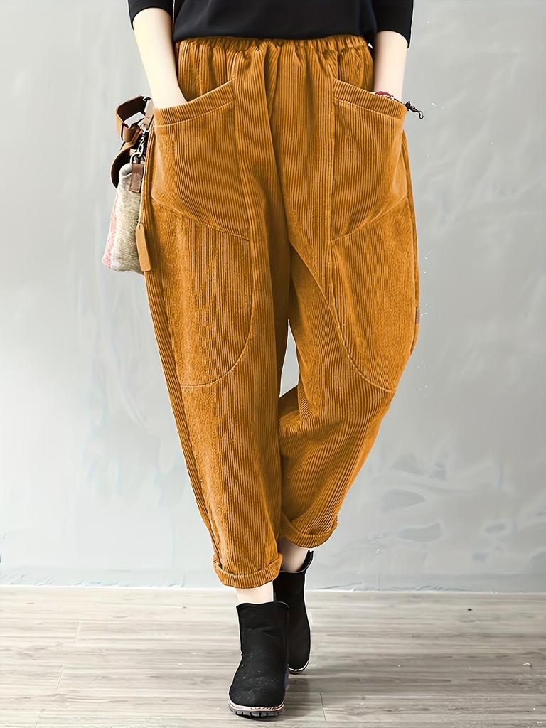 European & American Women's Corduroy Pants - Elastic Waist, Pocketed, Loose Fit, Tapered Leg, 2026 Autumn/Winter Collection