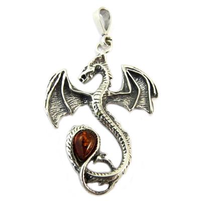 [P3333] - Silver Pendant 'Legendary Dragon' Cognac Amber (rhodium-plated) - 35x30 Mm