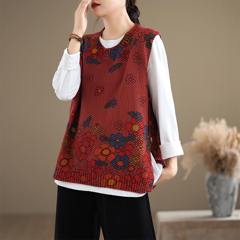 

DIMANAF 2024 свитера осенний жилет без рукавов повседневный женский базовый плюс размер винтажная цветочная одежда большой новый One Size красный