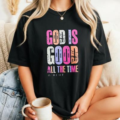God Is Good All The Time Tee, Vintage Distressed Faith Apparel, Multicolor Christian Graphic Top, Unisex Cotton Casual Short Sleeve T-shirt
