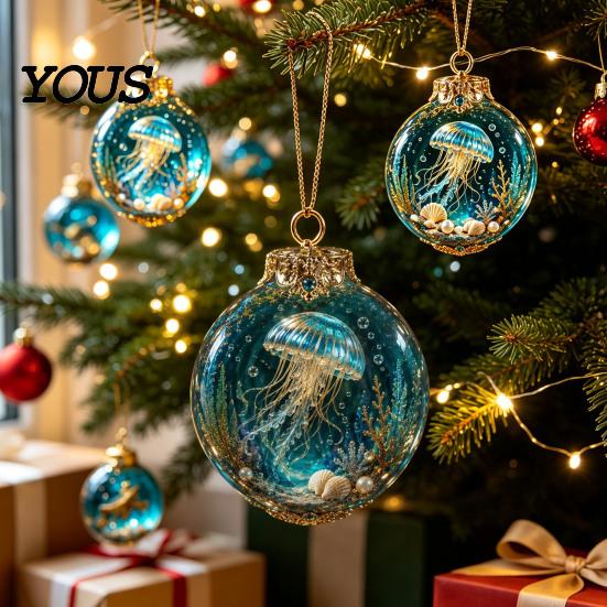 Urlaubsgeschenke für Meeresliebhaber, Thematische Weihnachtskugel-Ornamente, Leuchtende Klare Kugeln mit Quallen Schildkröte Oktopus, Detaillierte Retro-Schnitzereien