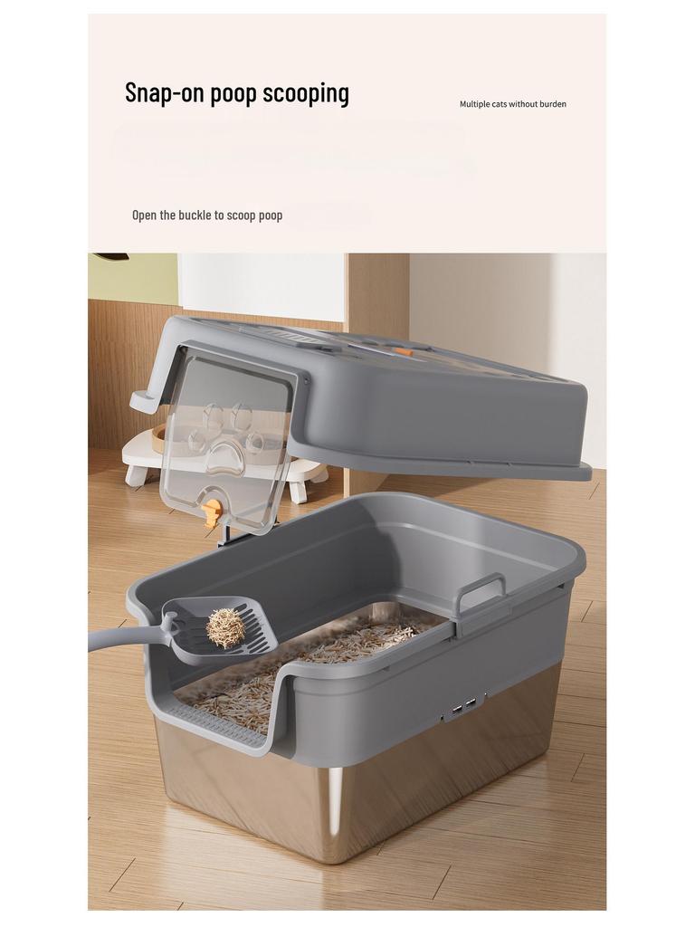 Odor-Proof Stainless Steel Enclosed Cat Litter Box with Anti-Splash Top Entry