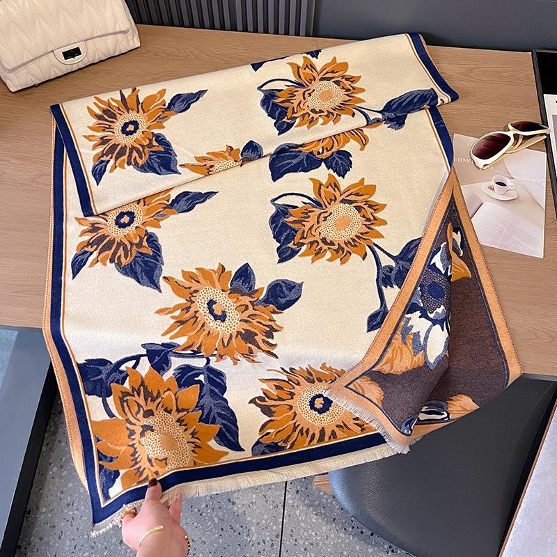 Women'S Sunflower Jacquard Scarf Autumn And Winter Warm Shawl Air Conditioning Blanket Premium Scarf Travel Multi-Purpose