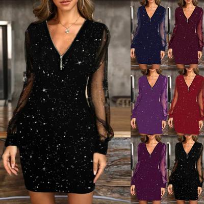 Women's Fashion V-neck Zipper Sequined Mesh Stitching Dress Slim Fit Bodycon Dress Party Elegant Long Sleeve Dress Formal Occasions Dress
