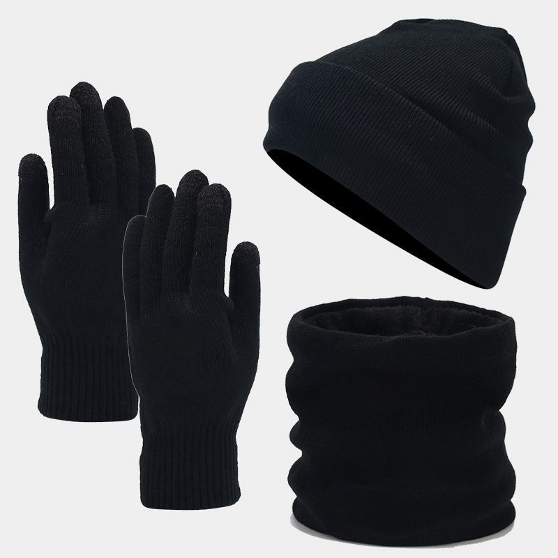 Winter Knit Hat Scarf Gloves Set With Fleece Lining For Cold Weather Outdoor Use Black