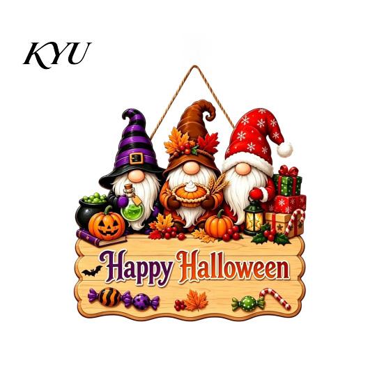 Festive Window Hanging Halloween Wooden Sign, Happy Door Sign with Gnomes/Ghosts, Retro Decorative Wood Board Autumn Harvest Festival Wall Decoration