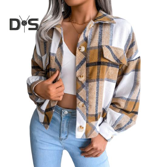 

Осенне-весенняя женская куртка с контрастным клетчатым принтом, отложным воротником, однобортная модель с ложными карманами, длинными рукавами, свободное пальто для поездок на работу и свиданий S хаки