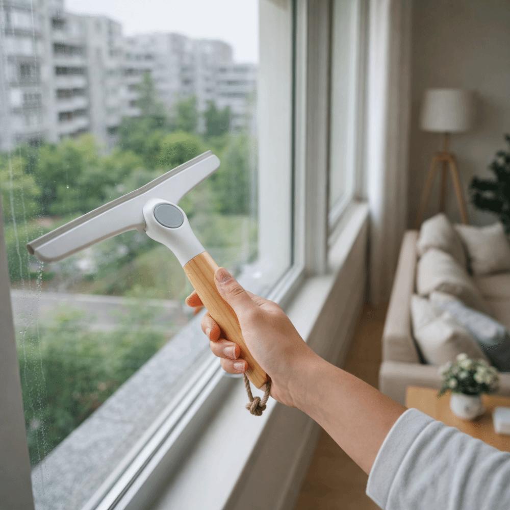 Non-Scratch Rotating Window Squeegee Wooden Handle Handheld Water Wiper Water Removal Soft Silicone Scraping Scraper