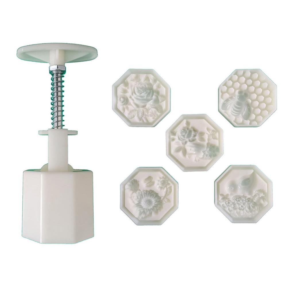 50g Mooncake Mold Hand Press Mooncake Stamps Plastic Pastry Gadgets Moon Cake Maker with 3D Flowers & Bee Shape Patterns