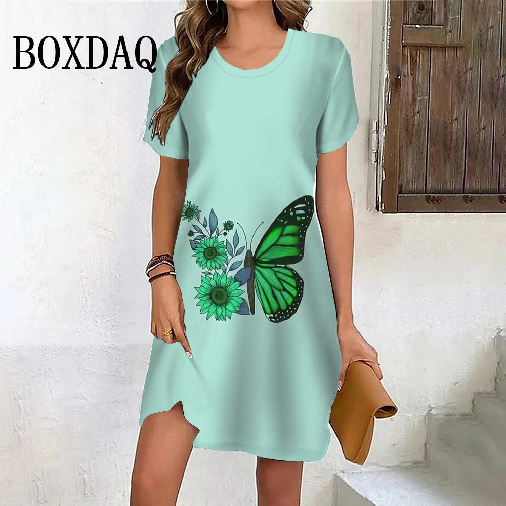 Summer Sweet Butterfly Sunflower Dress Loose Print Women Dress Short Sleeve Casual O-Neck Ladies Clothes