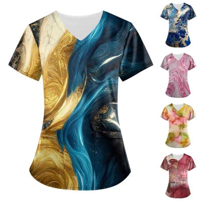 Damen bedruckte Kurzarm-Oberteile mit V-Ausschnitt, Arbeitsuniform, Taschenbluse