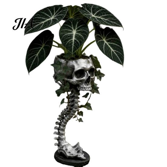 Unique Candy Dish Storage Gothic Skull Spine Planter, Resin Skeleton Planter Pot, Horror Halloween Indoor Outdoor Statue Flower Vase, Spooky