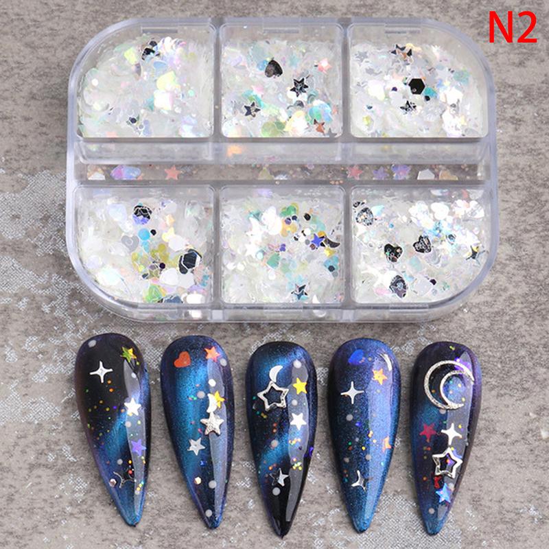 1 Box Of 6 Grids 3D Mini Round Nail Sequin Kawaii Korean Black Dot Nail Art Flake Y2K Golden Silvery Shinny Charms Accessories