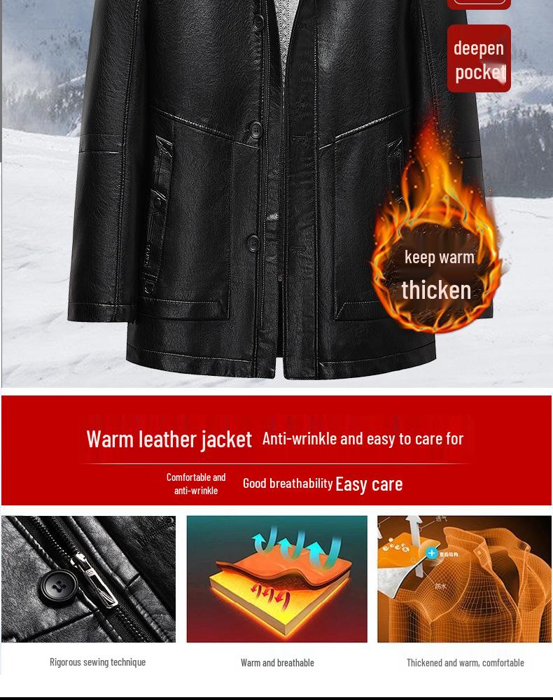 Woodpecker Men's Warm Leather Jacket for Dad and Grandpa - Plus Velvet Winter Coat