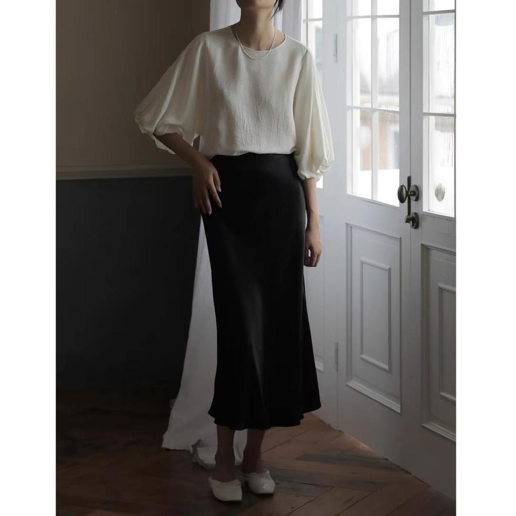 Comfort Memory Imported Acetate Satin A-Line Skirt with Silky Drape and Slimming Elastic Waist