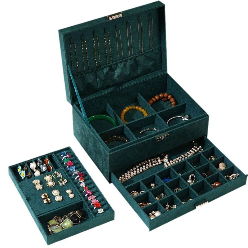 

Jewelry Box Retro Dark Green Flannel Three-layer Drawer Jewelry Storage Box Watch Earrings Necklace Jewelry Box