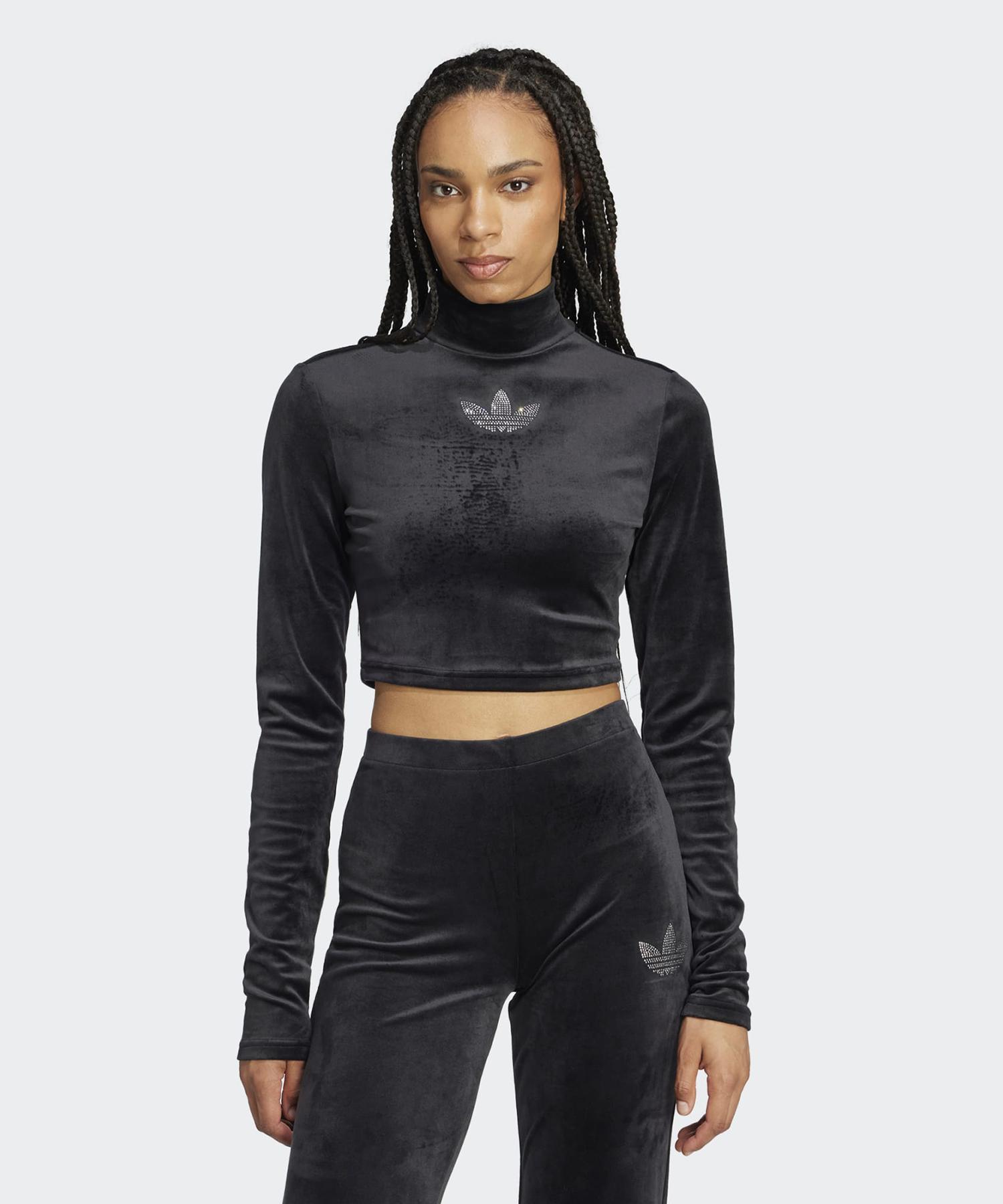 Adidas Rhinestone Velvet Long Sleeve Crop Top - Black / Iw5674 Black/Xs