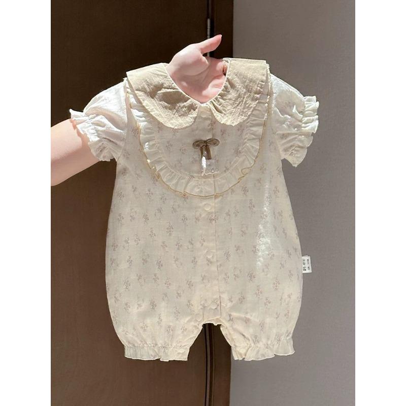 Stylish Floral Infant Romper Cream Tone Doll Collar Thin Breathable Summer Girls Daily Outdoor Suit