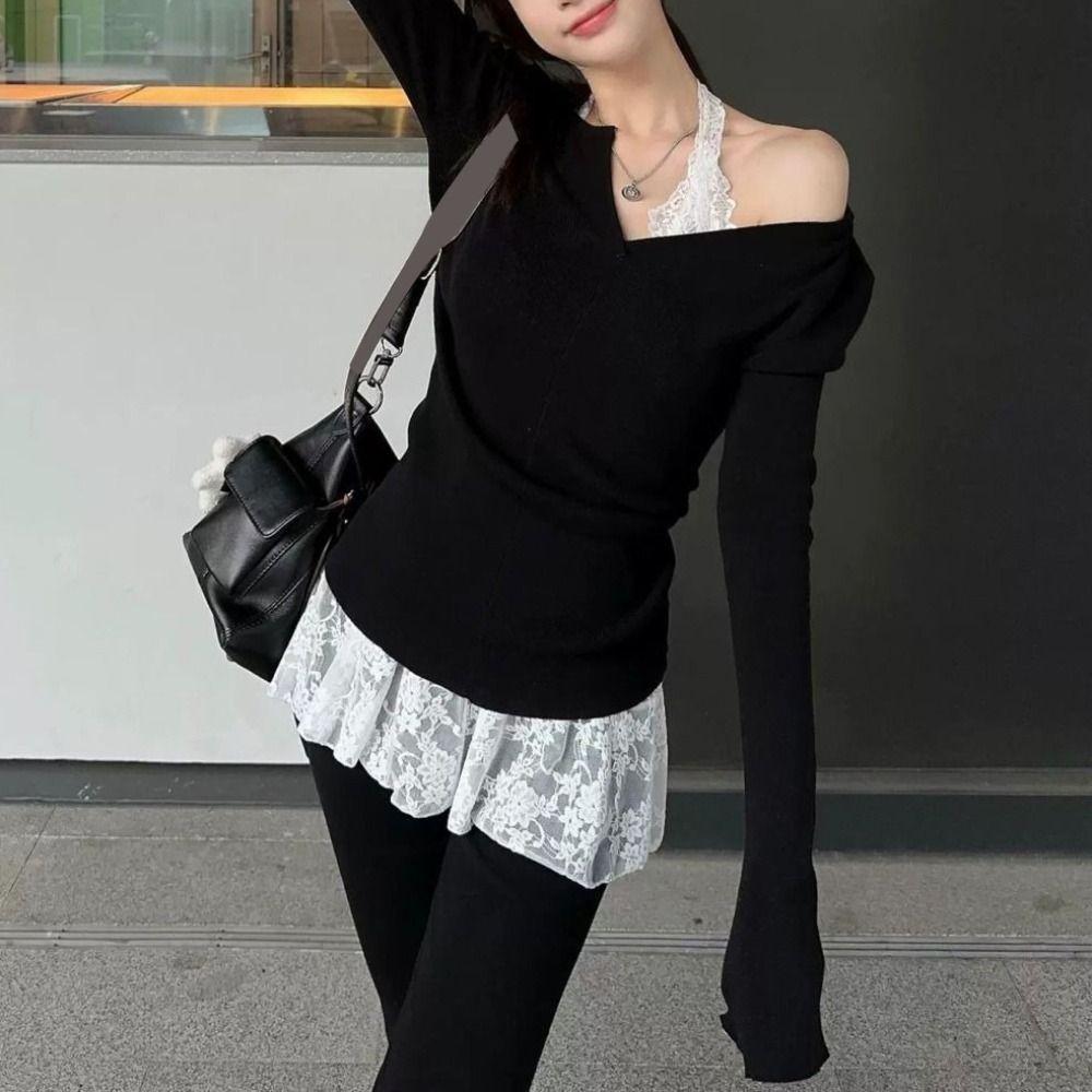 Transparent Lace Halter Dress V-neck Hollow Out Camisole New Lace-up Short Skirts  Women