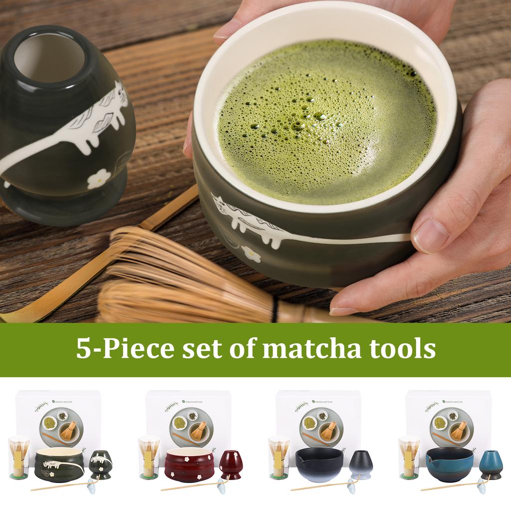 Japanese-style Matcha Making Tool Kit with Ceramic Bowl Whisk/Scoop Holder Bamboo Whisk and Scoop Teaset Giftbox for Tea Lovers