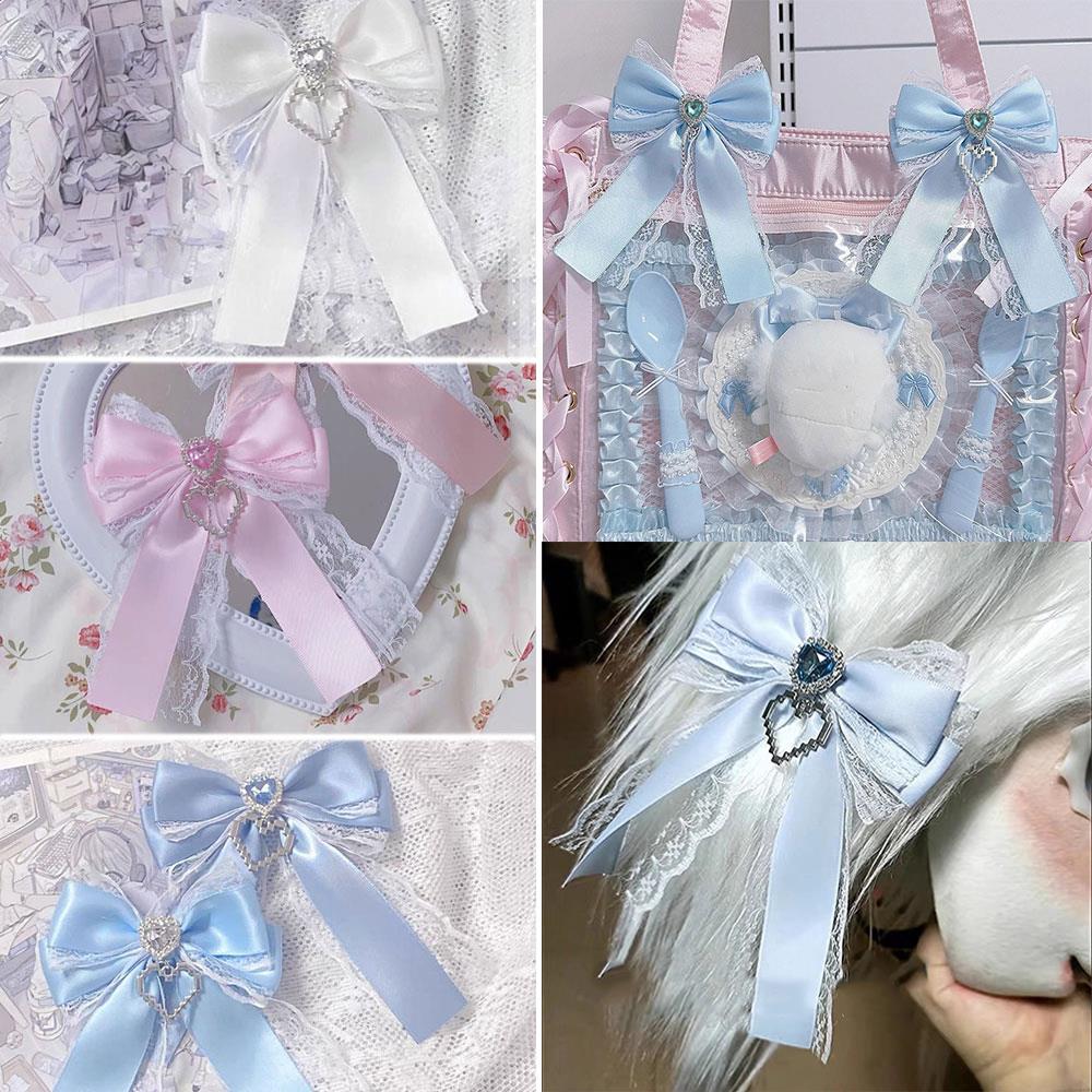 Sweet Ribbon Bow Heart Diamond Clip Ribbon Lace Bowknot Clip For Ita Bag Girls Lolita Backpack Decoration Bags Accessories