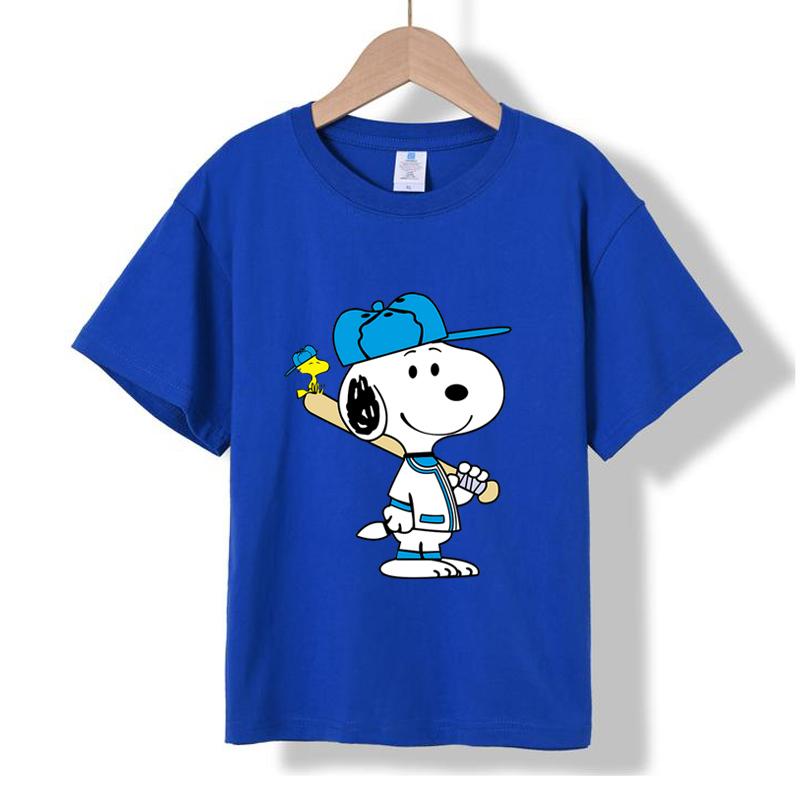 MC-77 MINISO 2026 Summer New Kids 100% Cotton T-Shirt Snoopy Baseball Print Short Sleeve Casual Tee for Boys Girls Ages 2-12