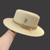 Summer Outing Straw Hat Women's Vacation Seaside Rhinestone Letter R Belt Personalized British Retro Flat Top Sunshade Hat
