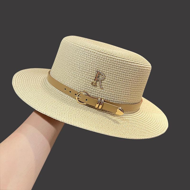 Summer Outing Straw Hat Women's Vacation Seaside Rhinestone Letter R Belt Personalized British Retro Flat Top Sunshade Hat