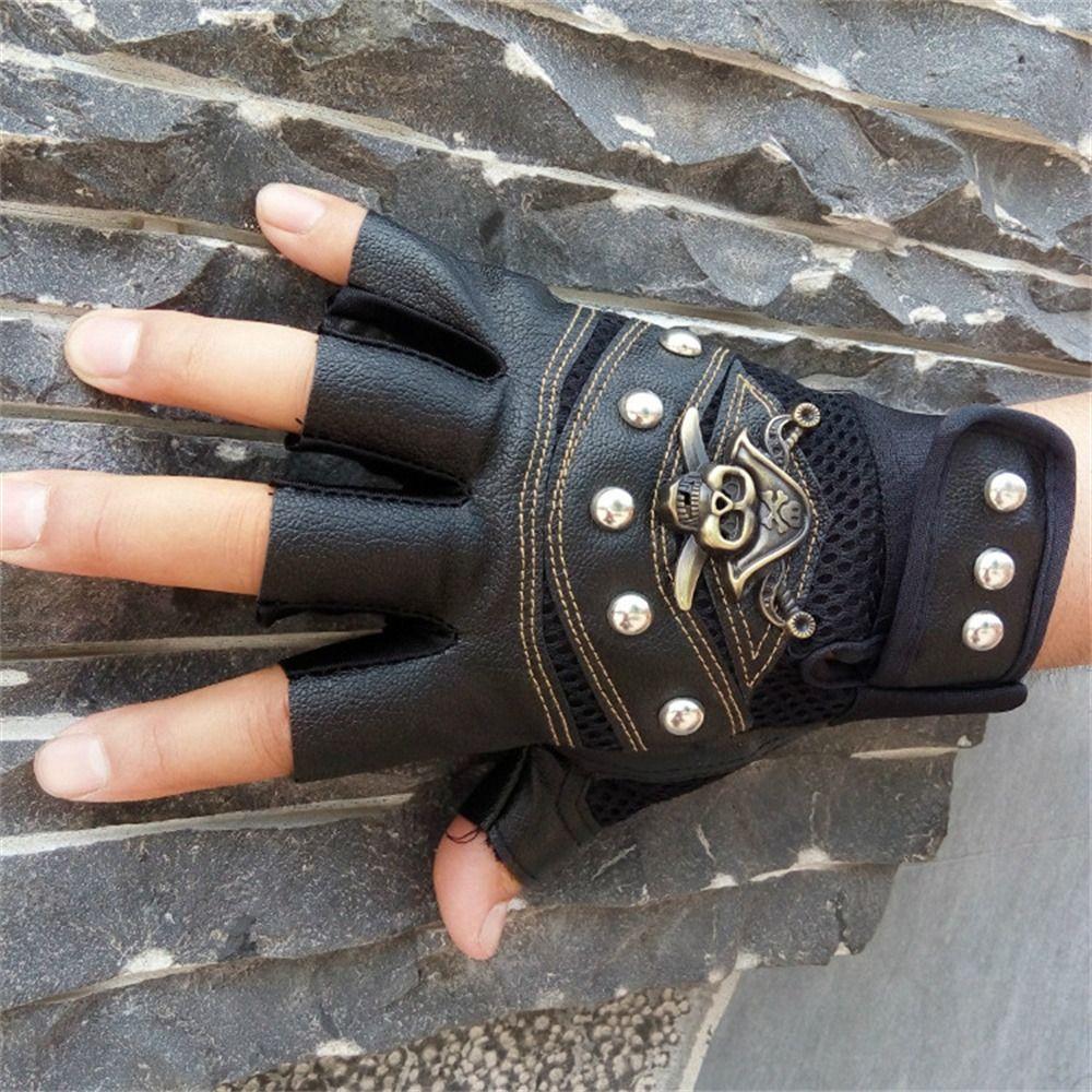 Fingerless Rivet Anti-slip Half Finger Gloves Cycling Gloves Skulls Gloves Motorcycle Gloves