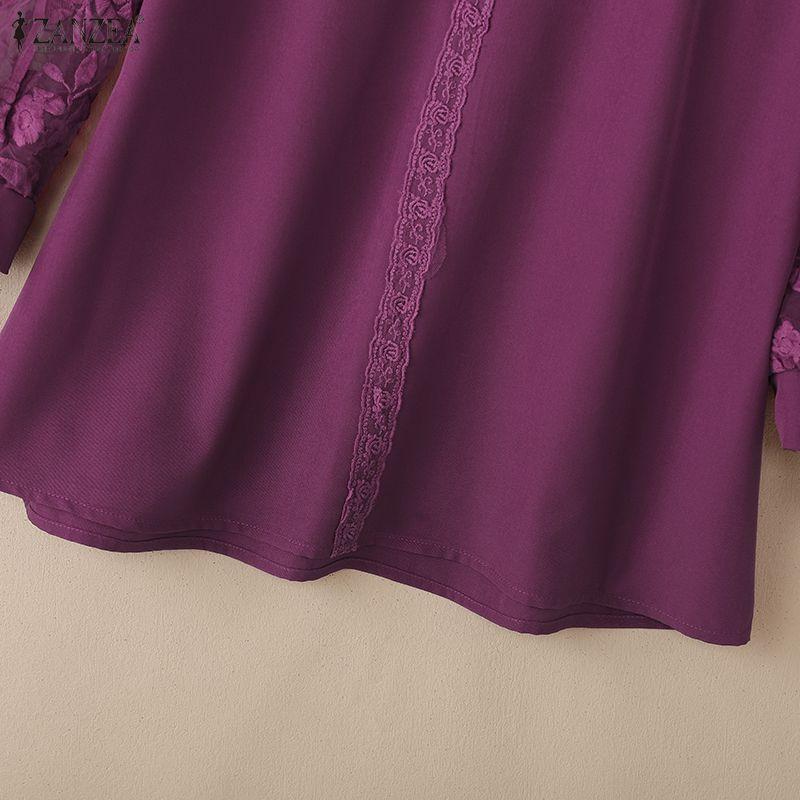 ZANZEA Damska Elegancka Koronkowa Wstawka Rękaw 3/4 Casualowa Bluzka z Dekoltem V