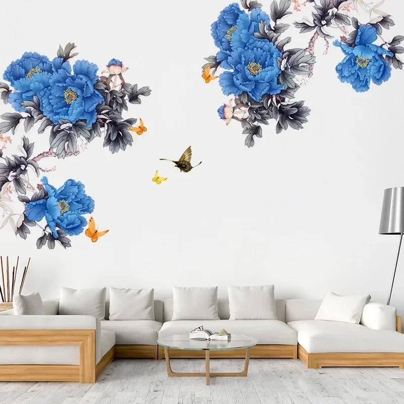 Blue Peony Flower Wall Sticker Self-adhesive Living Room Sofa Background Decoration Stickers Accessories Home Wall Decoration