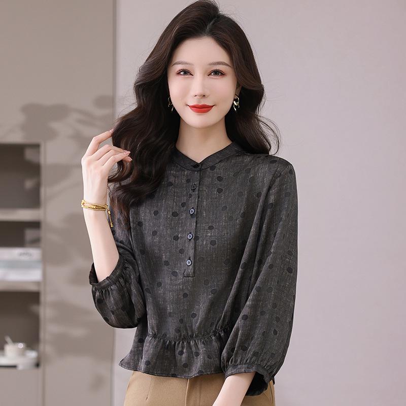 

2025 Достойная женская шелковая блузка свободного кроя в горошек - Легкая, дышащая, льстящая фигуре XL серый