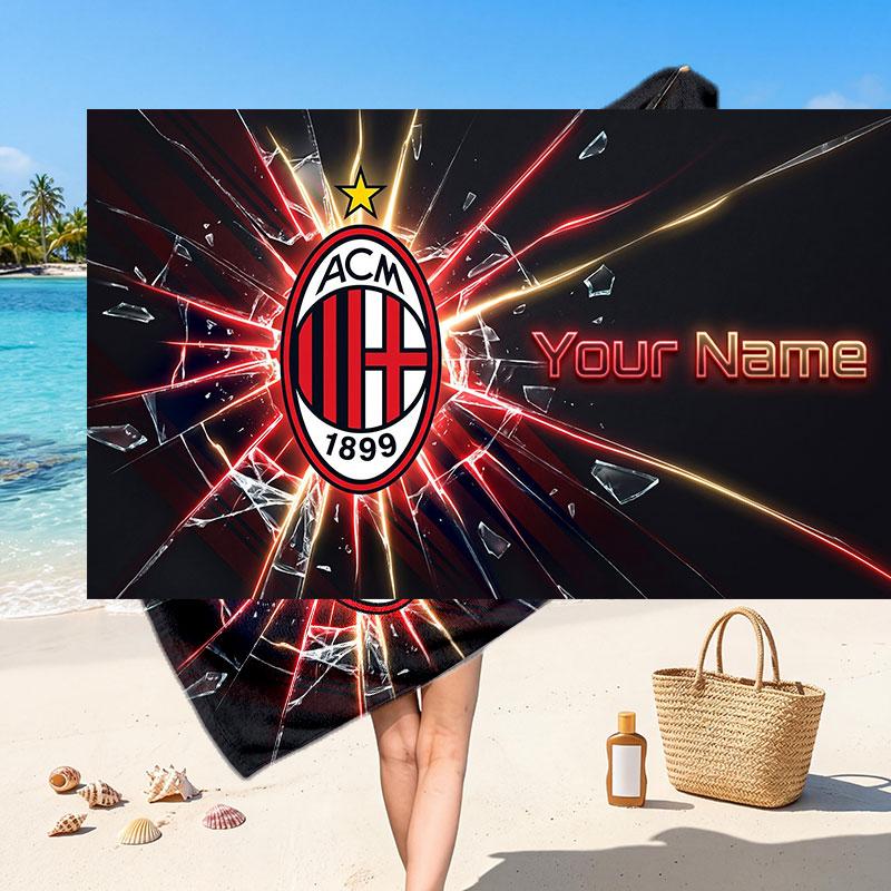 AC Milan Custom Beach Towel, Personalized Name Text Print, Football Logo Soft Quick‑Dry Towel Holiday Gift